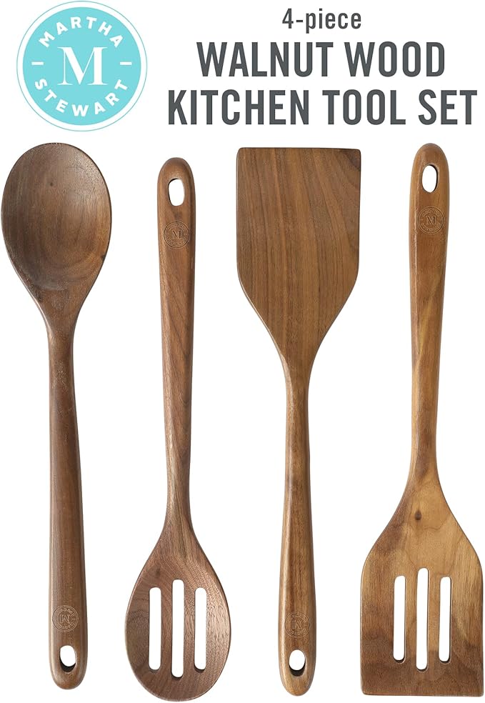 Martha Stewart Bainford 4-Piece Wooden Kitchen Utensil Set, Walnut – Cooking Spoons and Turner Tools for Nonstick Cookware, Heat Resistant, Durable Hardwood