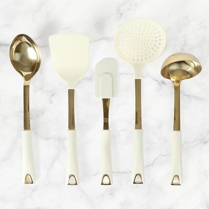 Martha Stewart Lockton 5-Piece Kitchen Tool Set – Stainless Steel & Nylon Cooking Utensils with Linen Handles and Gold Accents, Durable Heat-Resistant Kitchen Gadgets
