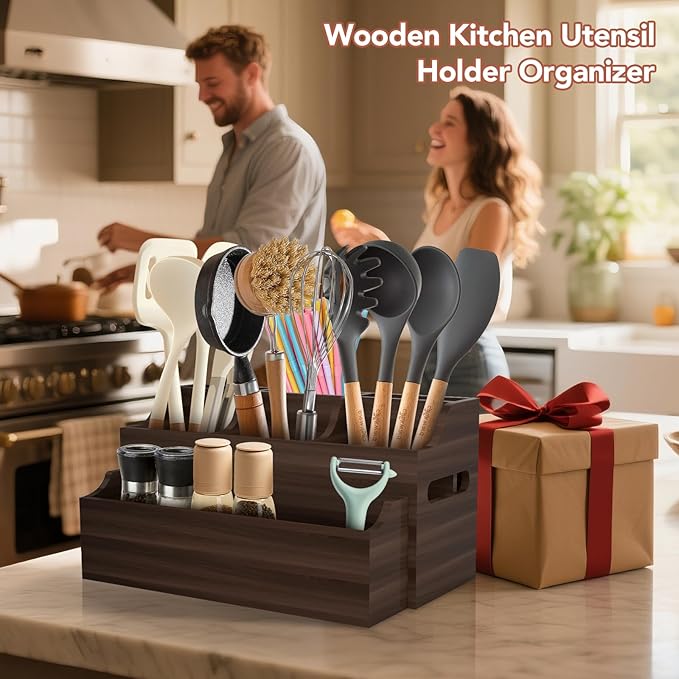 2-in-1 Large Wooden Utensil Holder for Kitchen Counter - Modular Stackable Cooking Utensil Organizer with Diatomite Absorbent Mat & Spoon Rest - Wall Mount Spatula Caddy & Silverware Storage