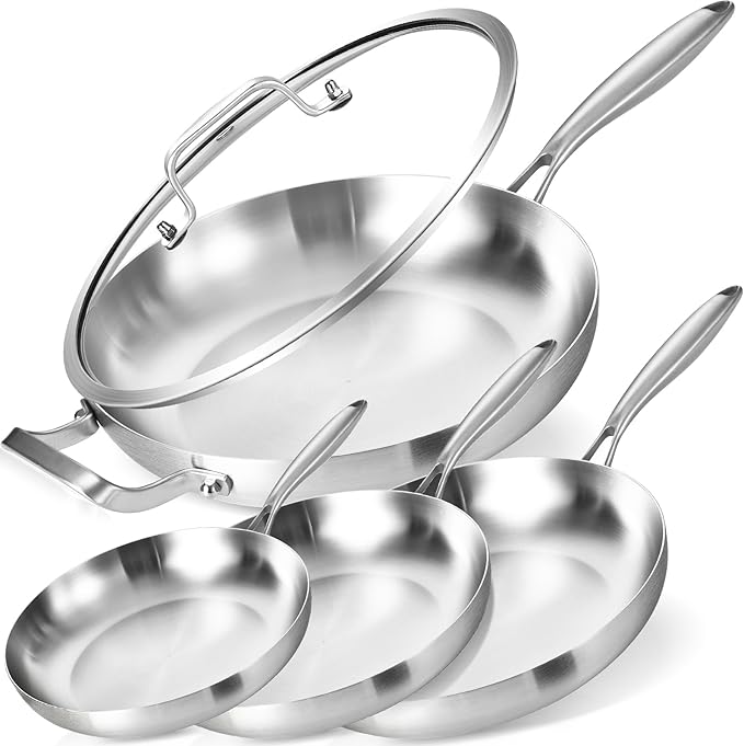 LOLYKITCH Tri-ply Stainless Steel Frying Pan Set, 8.5-10-12 & 14 Inch with Lid, Large Skillet,Induction Chef's Cooking Pan Set,Oven Safe and Detachable Handle