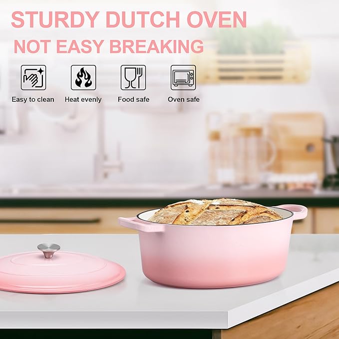 E-far 5QT Oval Dutch Oven Pot with Lid, Enameled Cast Iron Dutch Oven with Dual Handles, Heavy-Duty Cookware for Sourdough Bread Baking, Braising, Stews, Oven Safe & Easy Clean, Pink