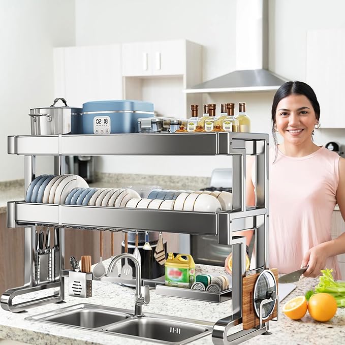 Over Sink Dish Drying Rack 3 Tier Dish Drying Rack Full 304 Stainless Steel Large Storage Kitchen Dish Rack Expandable Drainer Shelf Rack for Kitchen Counter Above Sink Organizer（23"-39"