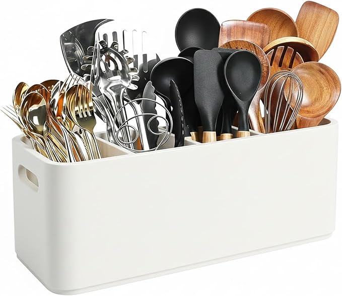 White Wooden Utensil Holder for Counter or Countertop - Extra Large 4 Compartment Wood Utensil Organizer, Painted Spatula Holder, Silverware Crock, Kitchen Utensil Storage