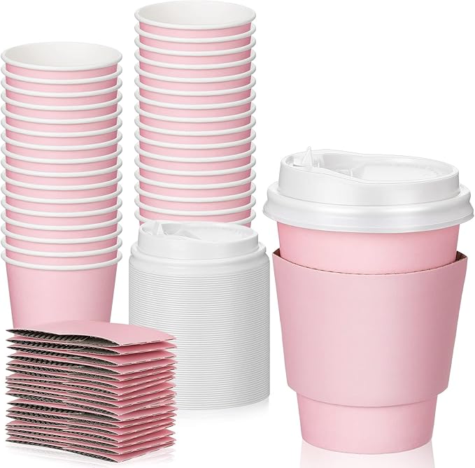 Patelai 48 Pcs 12 oz Disposable Coffee Cups with Lids and Sleeves Bulk, Insulated Hot Chocolate Paper Cup for Hot and Cold Beverage Water Juice Cocoa Tea Party Restaurants Travel Supplies (Pink)