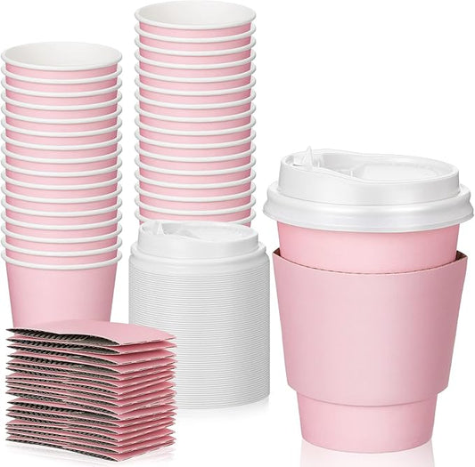 Patelai 48 Pcs 12 oz Disposable Coffee Cups with Lids and Sleeves Bulk, Insulated Hot Chocolate Paper Cup for Hot and Cold Beverage Water Juice Cocoa Tea Party Restaurants Travel Supplies (Pink)