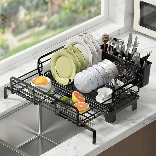 MIKEE Small Dish Drying Rack for Kitchen Counter, Expandable Rustproof Dish Drainer - Over The Sink Dish Drying Rack with 360° Rotating Drain, Kitchen Utensil Holder, Home and Kitchen Organization