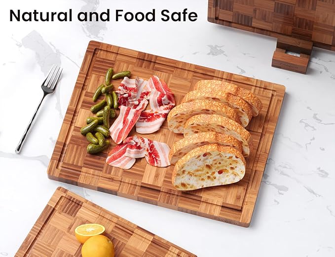 Bamboo Cutting Boards for Kitchen(Set of 3),Chopping Boards with Juice Groove,End Grain Serving Board with Holder,Bamboo Butcher Block for Meat,Vegetables,Fruit