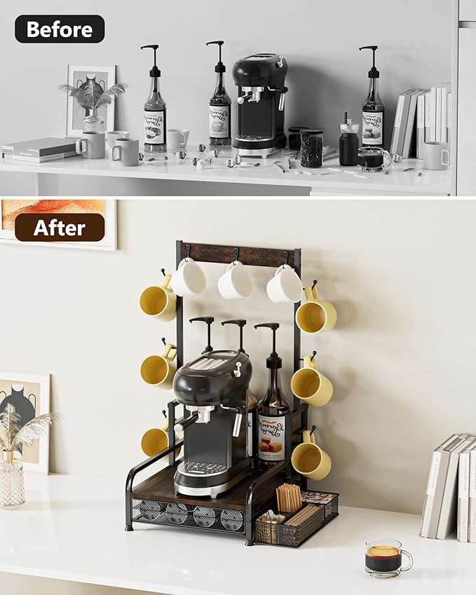 Coffee Station Organizer with Pod Drawer, 40 Pods for Nespresso /28 Pods for K Cup, Coffee Mug Holder with 9 Hooks & 1 Extra Storage Basket, Coffee Bar Organizer for Keurig Machine, Kitchen, Cafe
