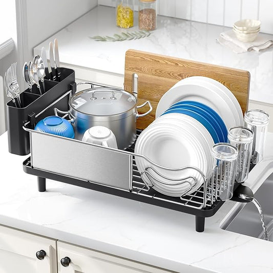 Stainless Steel Dish Drying Rack - Large Capcity 304 Grade Dish Drainer for Kitchen Counter with Drain Board, Utensil Holder & Detachable Cup Shelf, Rustproof Multifunctional Organizer