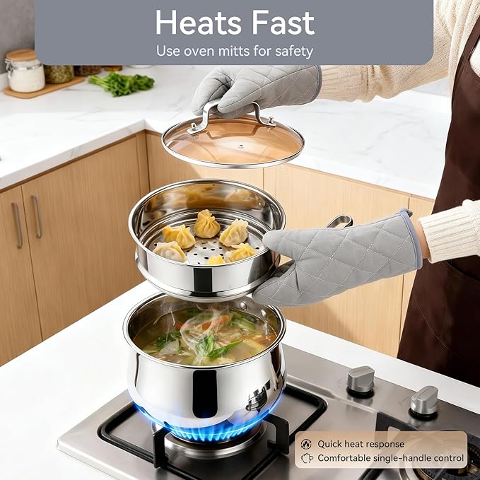 2.5QT Stainless Steel Saucepan with Steamer Basket and Glass Lid, 18/8 Food Grade Small Soup Pot with Steamer Insert, Induction Compatible, Heavy Duty Multi-Purpose Pot for Cooking & Steaming