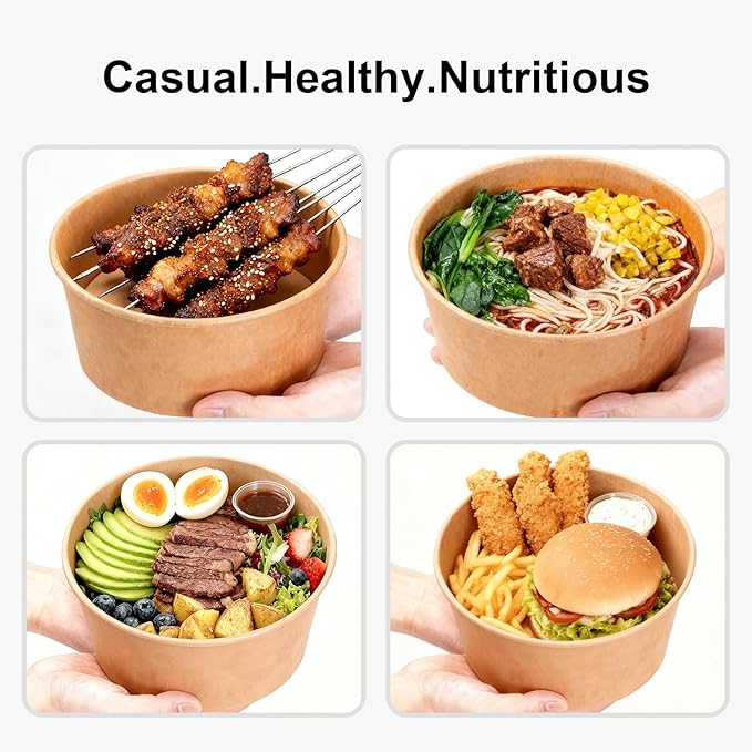 88 Pk 25 oz Disposable Kraft Paper Round Bowls【No Lid】, Microwave Deli Containers Leakproof, Salad Dressing Container for Lunch, Sturdy for Soup Toppings Snack Camping Family