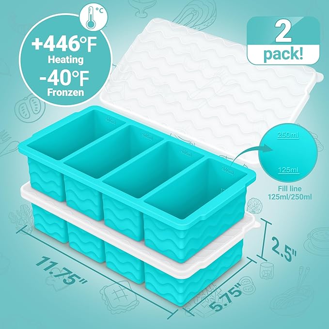 Doasuwish Silicone Freezer Tray for Soup with Lid – 1-Cup Soup Container Cube Style Ice Cube Trays for Freezer, Meal Prep & Food Storage, Freeze 250mL/125mL Portions – 2 Pack