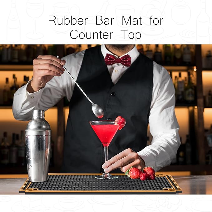 2 Pcs 12 x 6 Inch Bar Mat Non Slip Rubber Mat with Gold Border Durable Stylish Spill Cocktail Service Coffee Mats for Restaurants Barbershop Clippers Bartending, Black