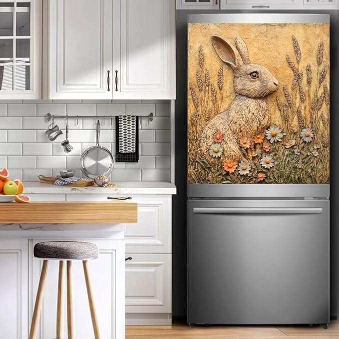 Easter Bunny Dishwasher Magnet Cover, Rabbit Flowers Refrigerator Magnetic Vinyl Sticker for Dishwasher Door, Rustic Farmhouse Floral Decorative Kitchen Appliance Panel Decal, 23Wx26H Inches
