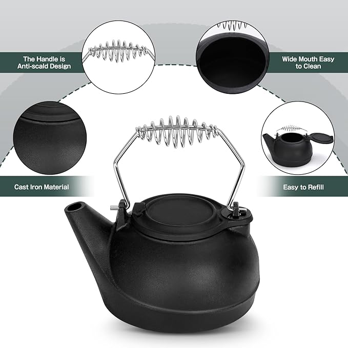 Gtongoko Wood Stove Steamer 3 Quart Cast Iron Humidifier Kettle for Wood Stove, Fireplace Steamer Humidifier with Wide Mouth, Cool-Touch Handle, Home Indoor Decorative Black