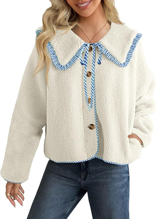 Tankaneo Womens Fuzzy Fleece Jacket Peter Pan Collar Button Down Fall Winter Sherpa Coats Colorblock Cute Warm Outerwear