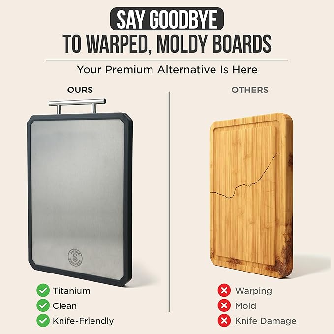Swing Swagger Titanium Cutting Board for Kitchen with Measuring Scraper – 16” x 11” Double-Sided Metal Cutting Board, Non-Toxic, Food-Grade Titanium & Wheat Straw PP, Steel Grip Handle, Non-Slip Edges