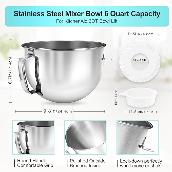 6 QT Stainless Steel Mixer Bowl & Mixer Bowl Lid Cover for KitchenAid Bowl-Lift Mixer, Kitchen Aid Mixing Bowl Replacement for 6 Quart Lift Mixer with Bigger Handle, Dishwasher Safe