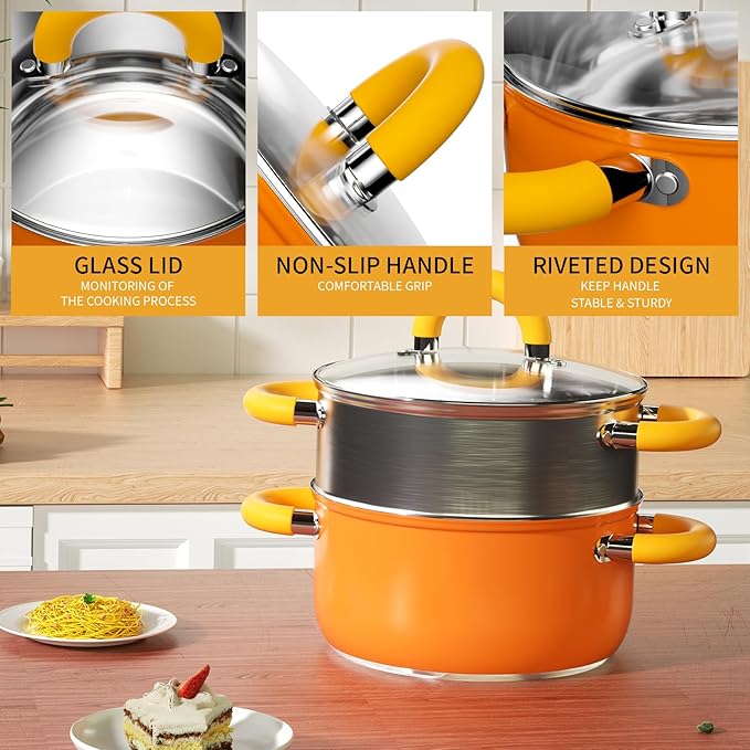 4 Quart Vegetable Steamer, Oranger Steamer for Cooking with Lid and Steaming Bucket, Gift for Housewarming Kitchen Decor, Dishwasher Safe