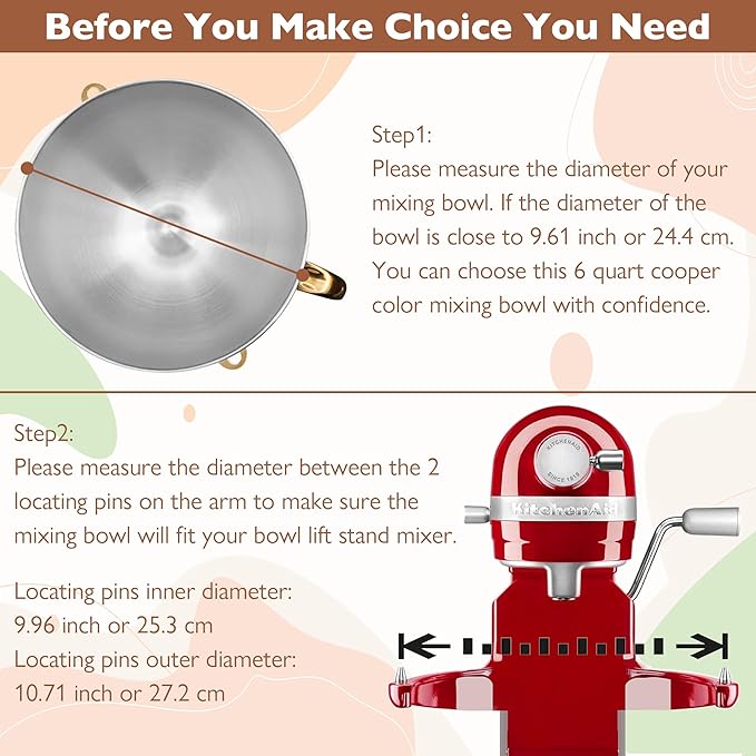 Copper Color Stainless Steel 6 Quart Mixing Bowl for Kitchen Aid Professional Bowl Lift Stand Mixer, Heavy Duty Extra Mixer Bowl fits KP26, KB26, Dishwasher Safe, Ergonomic Handle