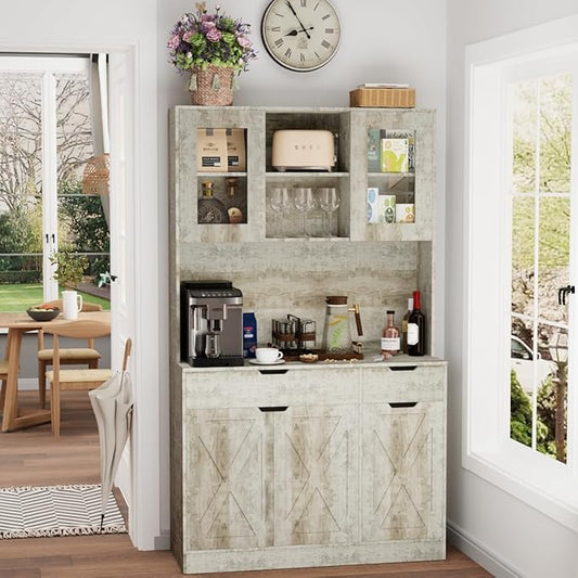 71" Tall Kitchen Pantry Storage Cabinet Large Farmhouse Hutch Cabinet with Microwave Stand, Charging Station, Adjustable Shelves, Countertop for Dining Room, Living Room, Grey