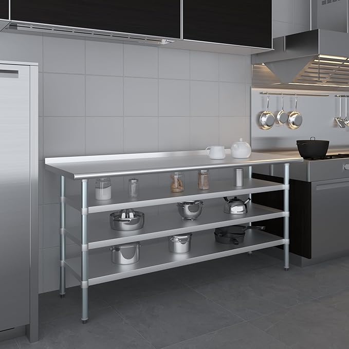 AmGood Stainless Steel Work Table with 1.5" Backsplash and 3 Shelves | Metal Kitchen Food Prep Table | NSF (72" Long x 24" Deep)