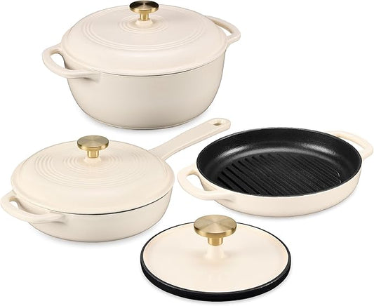 Best Choice Products Non-Stick Pot & Pan Cookware Set, Cast Iron, 2Qt Skillet W/Lid, 10" Grill Or Griddle Pan W/Press, 6Qt Enameled Dutch Oven, Non-toxic, For Cooking & Grilling - Vanilla
