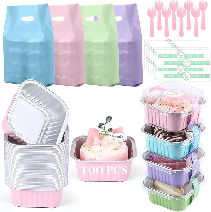 424 Pack Macaron Mini Cake Pans Set with Lids and Spoons Include 100 Macaron 5oz Disposable Aluminum Foil Baking Pans 100 Lids 100 Spoons 100 Sealing Stickers 24 Gift Bags for Dessert