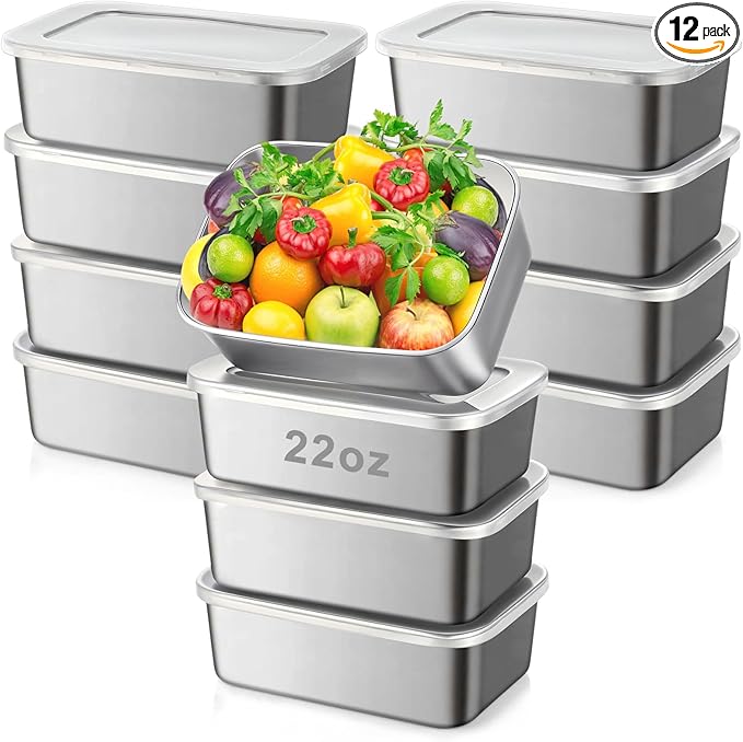 12 Pcs Stainless Steel Food Storage Containers with Lids, 22 oz Metal Freezer Containers, Lightweight Stackable Easy Open Reusable Meal Prep Box for Kitchen Picnic Oven Dishwasher Safe