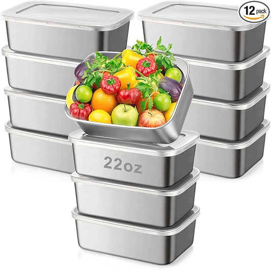12 Pcs Stainless Steel Food Storage Containers with Lids, 22 oz Metal Freezer Containers, Lightweight Stackable Easy Open Reusable Meal Prep Box for Kitchen Picnic Oven Dishwasher Safe