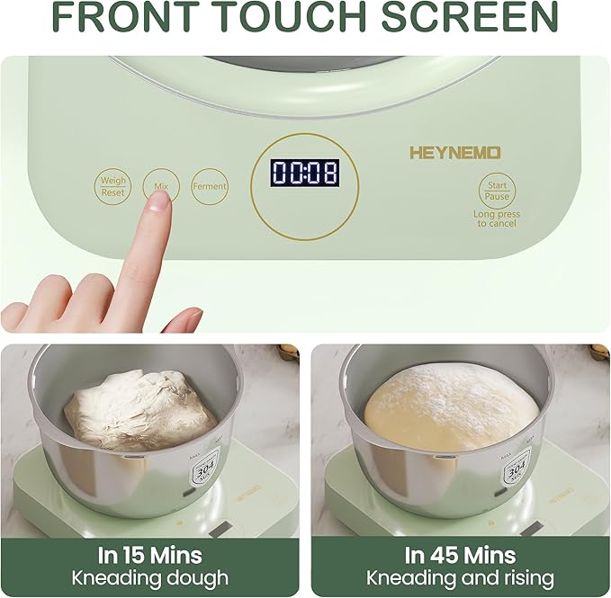 5.2QT Dough Maker with Weighting, Electric Dough Maker with Ferment Function, Face-up Touch Panel, 304 Stainless Steel, Green