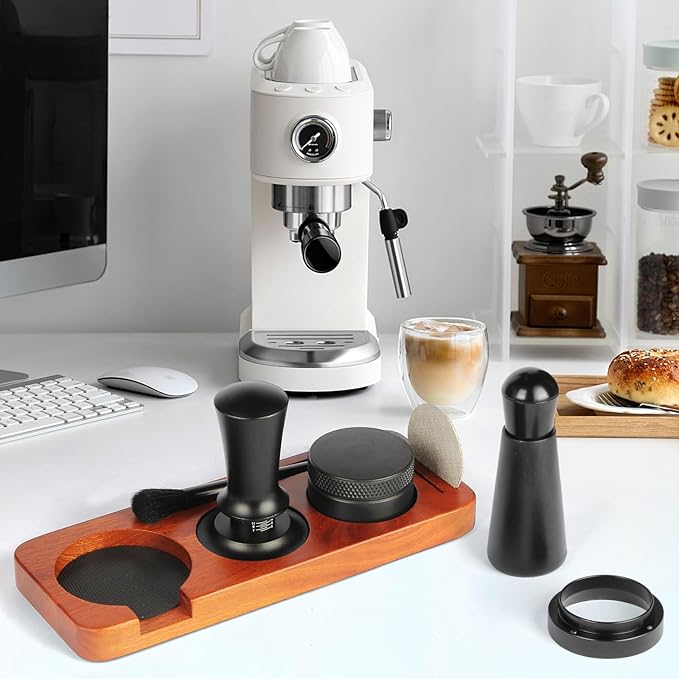 7 PCS Espresso Accessories,Espresso Tamper Tools,WDT Tool Espresso Machine Accessories Kit,Coffee Tamper with Wood Espresso Tamping Station,Distributor,Stirrer,Dosing Funnel,Brush,Puck Screen (58mm)