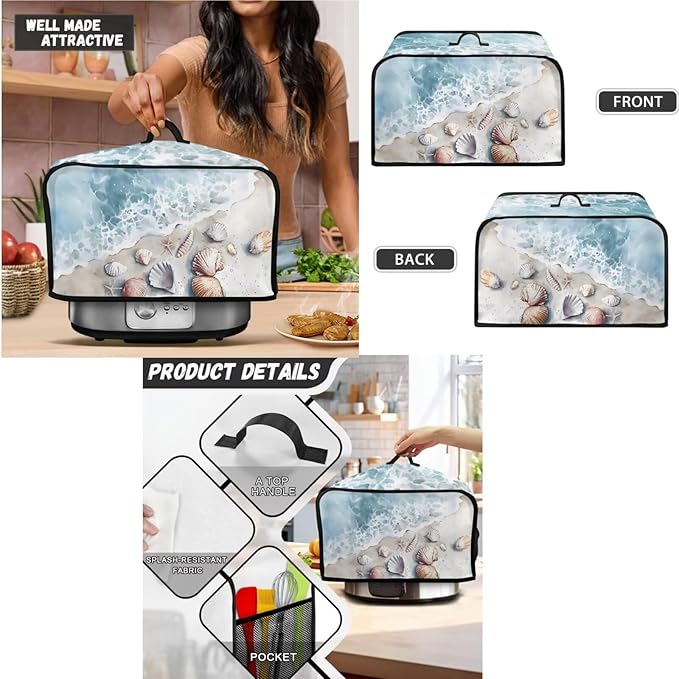 Beach Shell Kitchen Appliance Cover Set,Universal Size Blender Cover, Slow Cooker Cover and Toaster Cover 4 Slice, Waffles Maker Oven Dust Women Summer Decorations