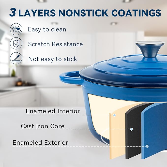 Miereirl 4.5 Quart Enameled Dutch Oven Pot with Lid, Cast Iron Dutch Oven with Dual Handles for Bread Baking, Cooking, Non-stick Enamel Coated Cookware (Dark Blue)
