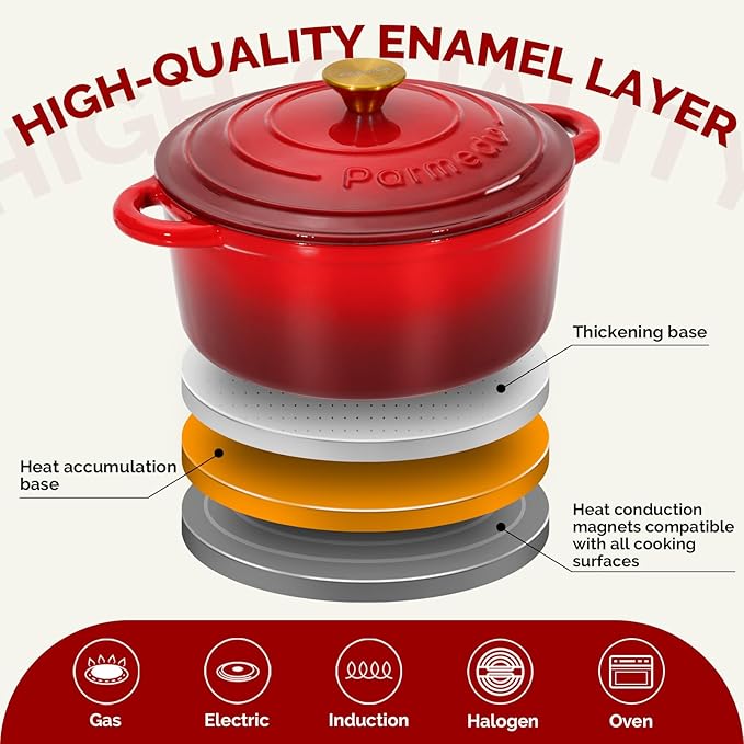 5.5 QT Enameled Cast Iron Dutch Oven – Heavy-Duty Red Pot with Lid & Dual Handles, Ideal for Bread Baking, Stews & Roasting – Includes Recipe Book