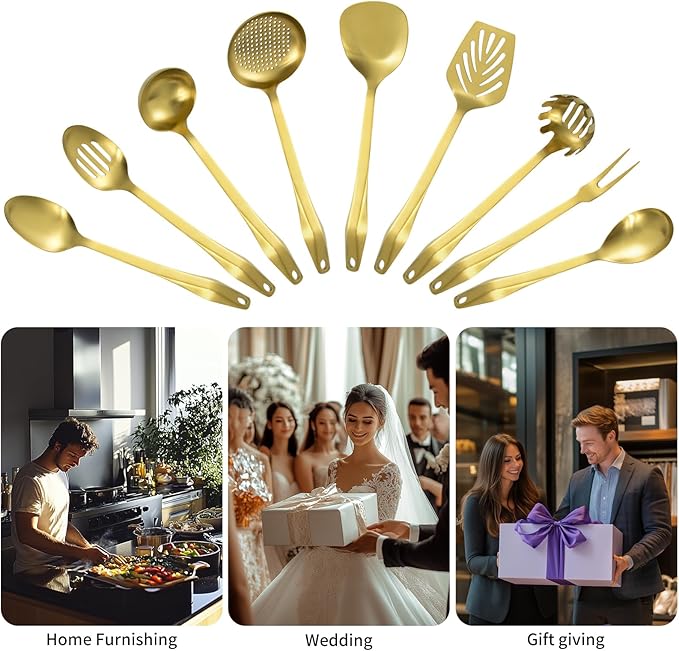 304 Stainless Steel Kitchen Utensil Set - 9pcs Cooking Utensils, Metal Kitchen Utensil Spatula Sets Cookware,High temperature resistance Kitchen Tool Set for Hanging Dishwasher Safe（Gold）