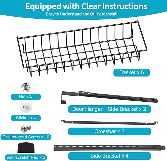 6-Tier Pantry Door Oragnizer, Over The Door Pantry Organizer Rack and Storage, Hanging Spice Rack Shelves Door, Home Office Laundry Room Bathroom & Kitchen Organization Essentials Metal