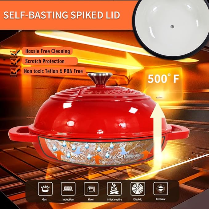 Enameled Cast Iron Bread Oven, 6 Quart Dutch Oven for Bread Sourdough Baking, 11" Thick Enamel Bread Baking Pan Kit with Lid for Stews, Roasts and Gifts for Family, Red