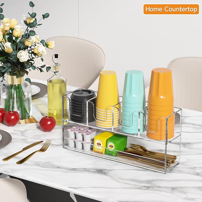 Beego 5-Compartment Cup Holder for Countertop - 2-Tier Clear Acrylic Cup Dispenser Coffee Station Paper Cup and Lid Organizer Condiment Storage for Restaurant Breakroom Kitchen Bar Accessories