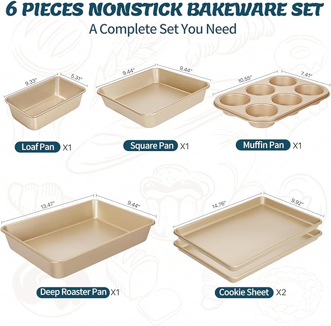 Baking Pans Set, Nonstick Stackable Bakeware Sets, Oven Pans for Cooking, AIVIKI 6 Pieces Baking Sheets Set Including Cookie Sheet, Deep Roaster Pan, Square Pan, Loaf Pan, Muffin Pan, Carbon Steel