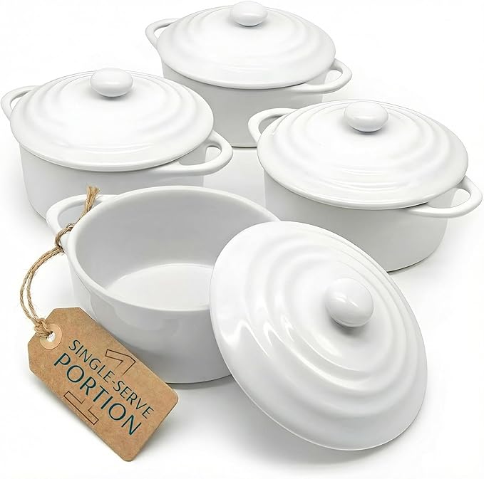 Kook Ceramic Mini Cocotte Set, Small Casserole Dishes with Lids and Handles, Individual Baking Ramekins, Oven safe 500F, Microwave & Dishwasher Safe, Stoneware, 12 oz, Set of 4, (Swiss White)