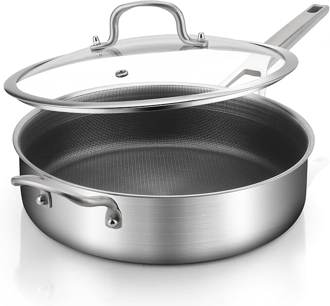 7 Quarts Saute Pan with Lids, Nonstick 12 Inch Deep Frying Pan, Tri-Ply Large Skillet with Lid with Stay Cool Handle, Dishwasher, Metal Utensil Safe, Suit for All Stove Up to 600℉ Compatible