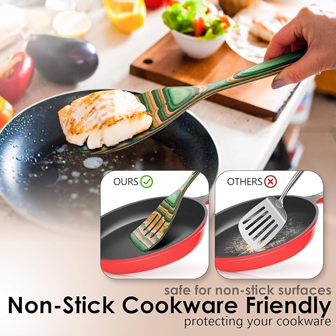 Wooden Spoons for Cooking, Pakkawood Kitchen Utensil Set Oasis Color, Premium Durable Wooden Utensils for Nonstick Cookware, Heat Resistant, Smooth Finish, Comfortable Grip, 7 Piece