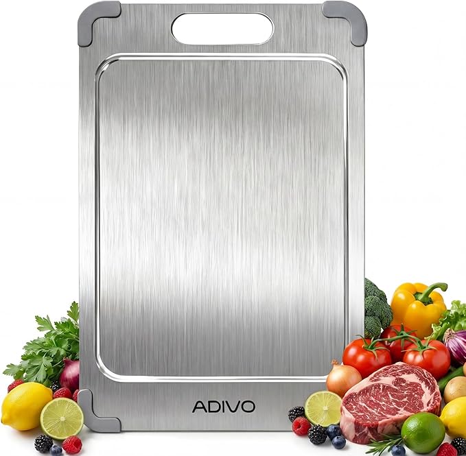 Adivo 100% Pure Titanium Cutting Boards for Kitchen, Double-Sided Pure Titanium Cutting Board with Juice Groove, Easy to Clean Chopping Board for Meat Vegetables Fruit, Dishwasher Safe (13.4x9) Medium