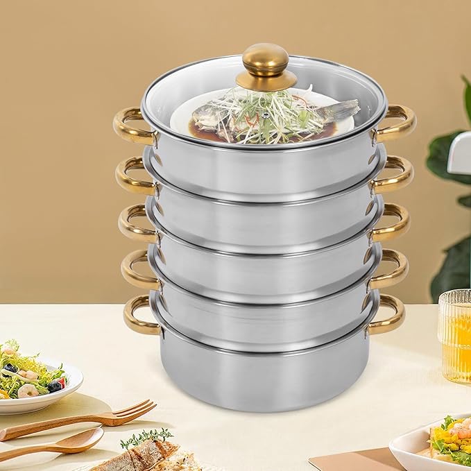 5-Tier Stainless Steel Steamer Pot, 1.85 Gal Large Capacity Stackable Steamer Basket Set for Healthy Cooking, Quick & Even Heating with Clear Lid, for Family Kitchen, Induction & Gas Stove