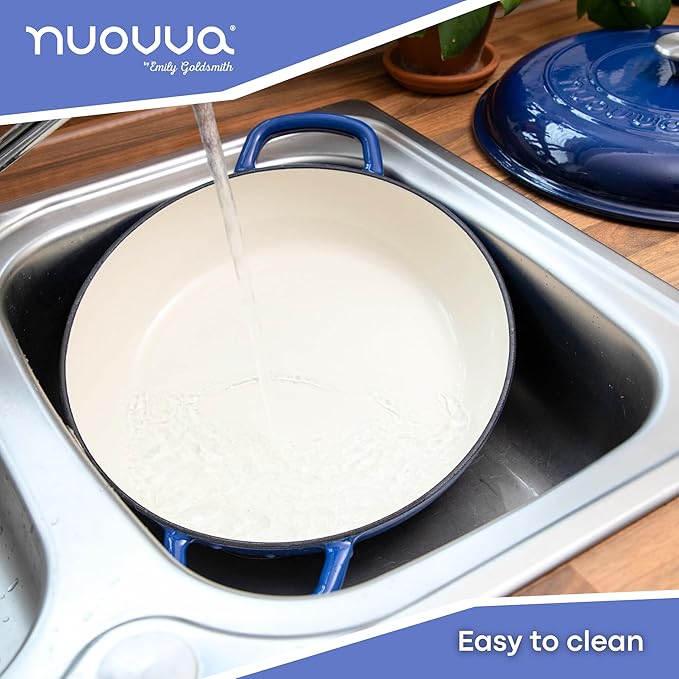 Shallow Cast Iron Casserole with Lid – Non Stick Dutch Oven Pot, Oven Safe up to 500° F – Sturdy Ovenproof Stockpot Cookware – Enamelled Cooking Pot – Dark Blue, 5-Quart, 32cm – by Nuovva