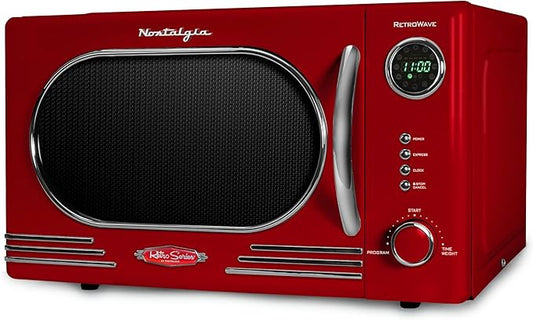 Nostalgia Retro Countertop Microwave Oven - 1.1 Cu Ft & 1000 Watt Power- Easy to Clean with Removable Glass Turntable - Child Safety Lock - 12 Programs - Digital Clock - Red
