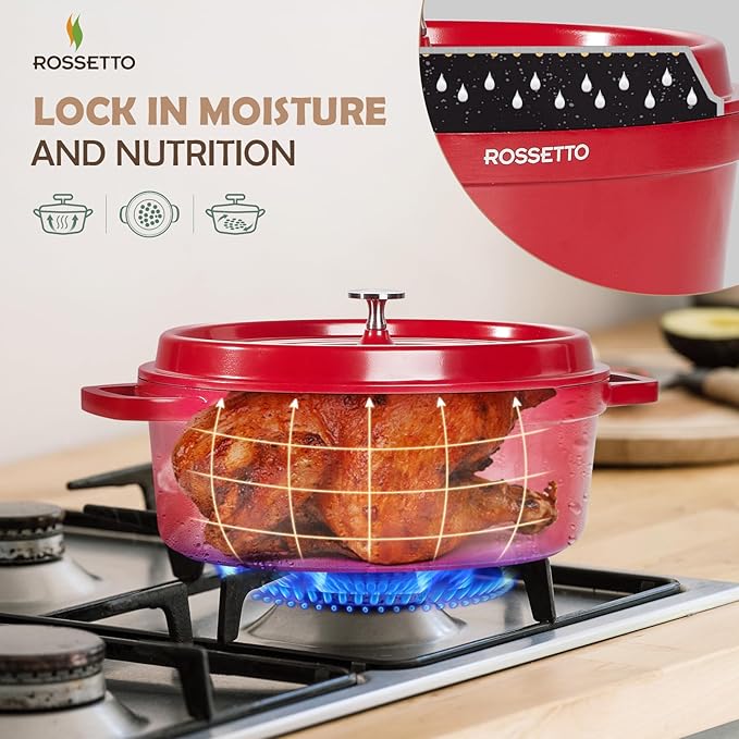 ROSSETTO 5.5QT Oval Dutch Oven Pot with Lid, Ceramic Dutch Oven with Silicone Assist Handle Holder, Dishwasher Safe, Oven Safe up to 450° F, Non-Stick & Non-Toxic Bread Dutch Oven with Lid for Baking,Brasing, Soups, Red
