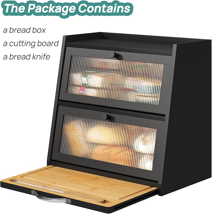 Bread Box for Kitchen Counter, Black Bread Box With Cutting Board, Bamboo Wood Large Capacity Bread Storage Bin with Acrylic Wavy Door Panel