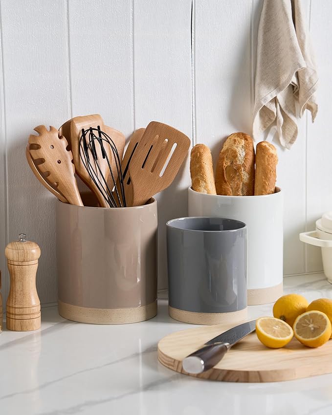 famiware Milkyway Kitchen Utensil Holder for Countertop, Ceramic Cooking Utensil Crocks for Kitchen Counter, Utensil Organizer for Spatula & Spoon, Set of 2, White and Dark Gray